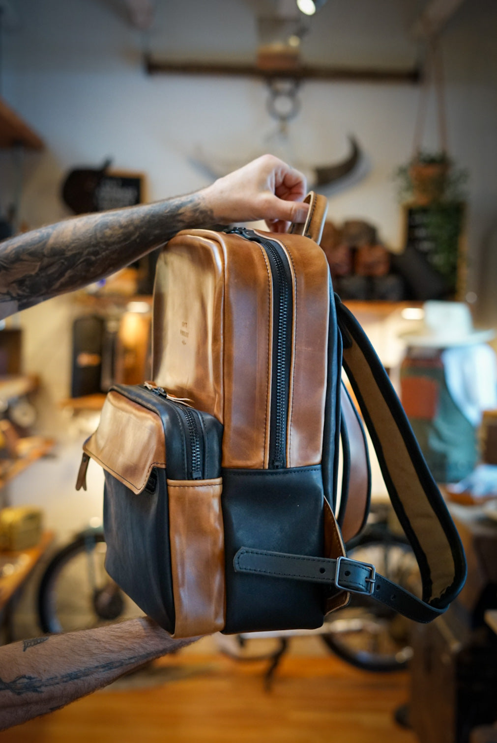 Commuter Backpack Two Tone Horween English Tan Flat Black