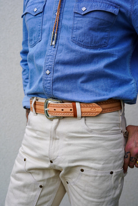 1.5" (Roped Edge Embossed Veg Tan Belt + Western Buckle)